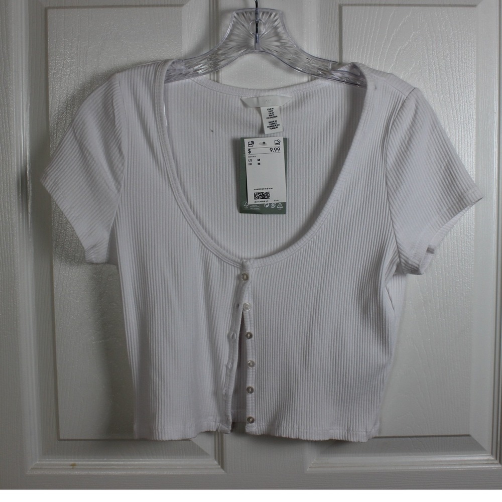 HM White Ribbed Scoop Neck Button Front Short Sleeve Crop Top 1059092 M